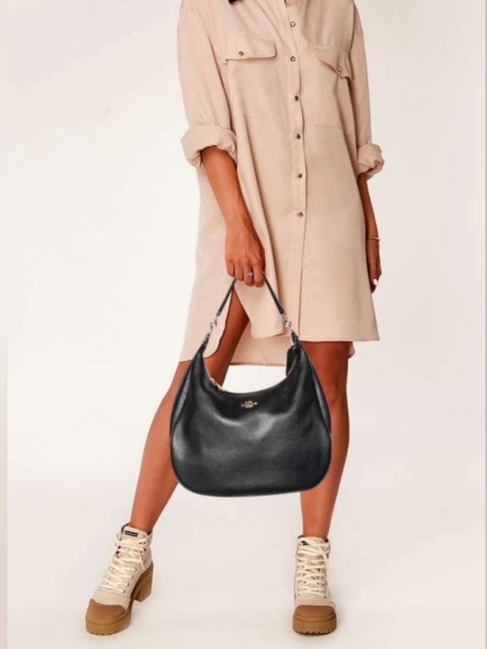 Coach Harley Hobo Shoulder Bag Black Pebble Leather Soft Gold Hardware